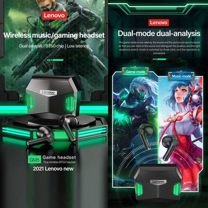 Lenovo GM5 TWS Bluetooth Inalámbrico Deportes A prueba de agua Reducción de ruido Auriculares para juegos con micrófono