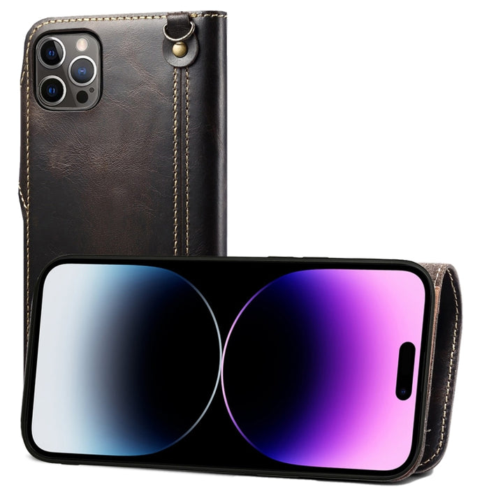 Estuche de cuero genuino con botón magnético de piel de vaca con cera de aceite Denior