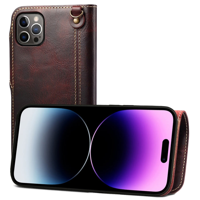 Estuche de cuero genuino con botón magnético de piel de vaca con cera de aceite Denior