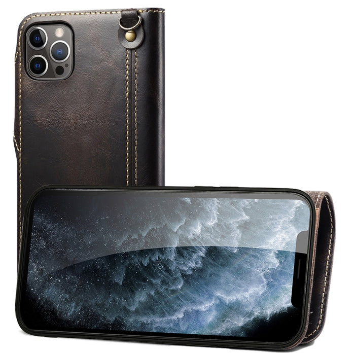 Estuche de cuero genuino con botón magnético de piel de vaca con cera de aceite Denior