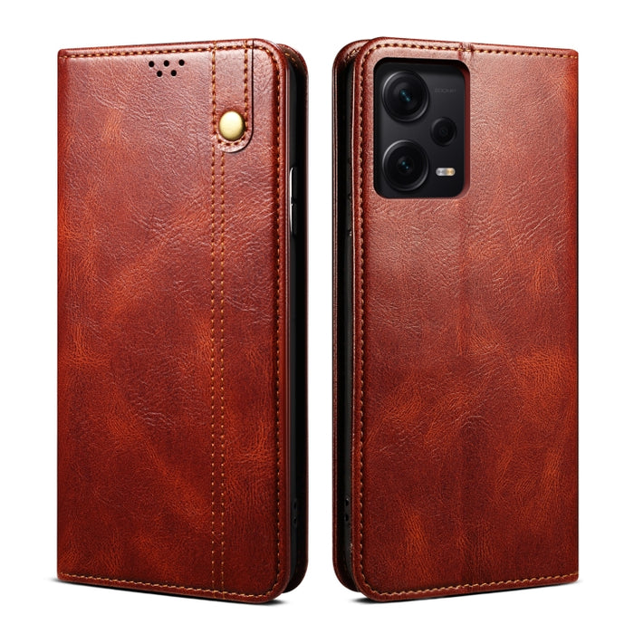 Caja de teléfono de cuero con textura de caballo loco de cera de aceite, For Xiaomi Redmi Note 12 China, For Xiaomi Redmi Note 12 Pro 5G China, For Xiaomi Redmi Note 12 Pro+ China