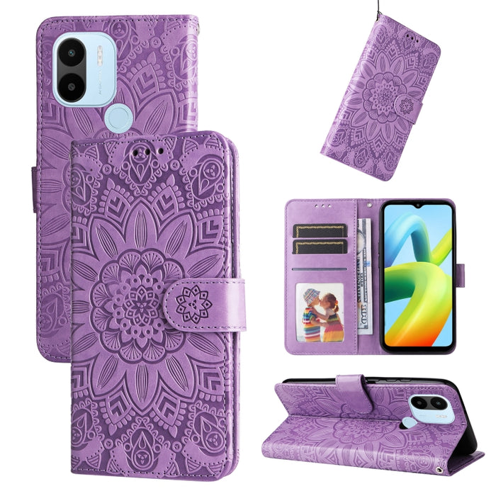 Estuche para teléfono de cuero con estampado de girasol en relieve, For Xiaomi Redmi A1+, For Xiaomi Redmi 11 Prime 4G, For Xiaomi Redmi Note 12 China, For Xiaomi Redmi Note 12 Pro 5G China, For Xiaomi Redmi Note 12 Pro+ China