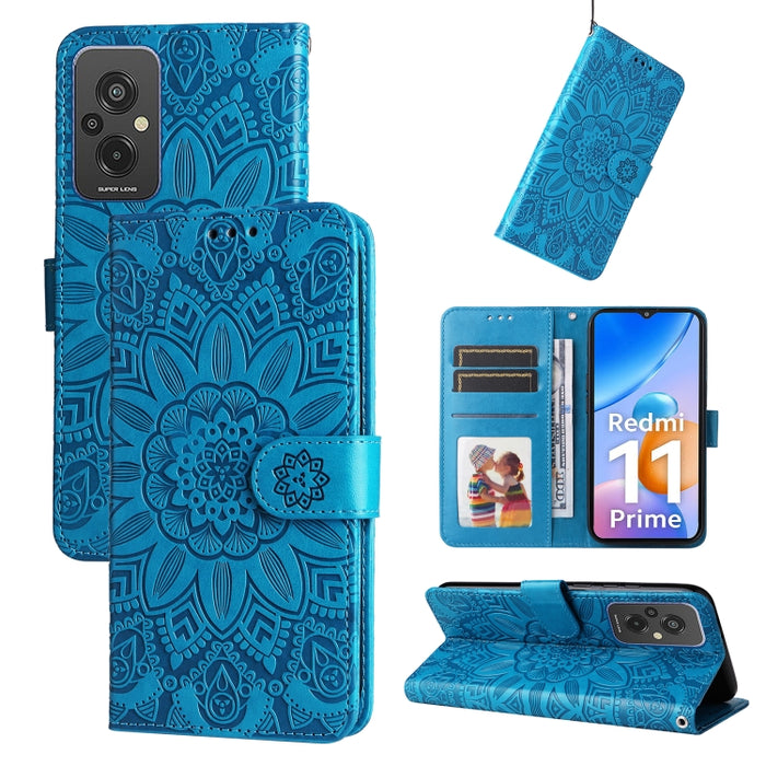 Estuche para teléfono de cuero con estampado de girasol en relieve, For Xiaomi Redmi A1+, For Xiaomi Redmi 11 Prime 4G, For Xiaomi Redmi Note 12 China, For Xiaomi Redmi Note 12 Pro 5G China, For Xiaomi Redmi Note 12 Pro+ China