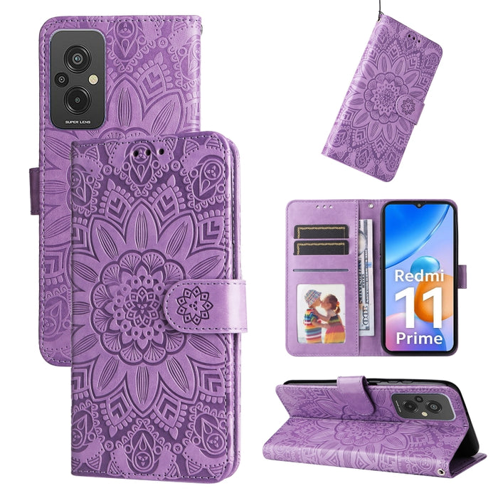 Estuche para teléfono de cuero con estampado de girasol en relieve, For Xiaomi Redmi A1+, For Xiaomi Redmi 11 Prime 4G, For Xiaomi Redmi Note 12 China, For Xiaomi Redmi Note 12 Pro 5G China, For Xiaomi Redmi Note 12 Pro+ China