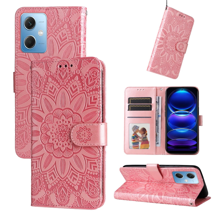 Estuche para teléfono de cuero con estampado de girasol en relieve, For Xiaomi Redmi A1+, For Xiaomi Redmi 11 Prime 4G, For Xiaomi Redmi Note 12 China, For Xiaomi Redmi Note 12 Pro 5G China, For Xiaomi Redmi Note 12 Pro+ China