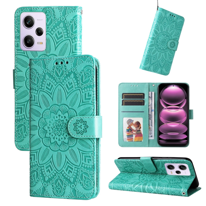 Estuche para teléfono de cuero con estampado de girasol en relieve, For Xiaomi Redmi A1+, For Xiaomi Redmi 11 Prime 4G, For Xiaomi Redmi Note 12 China, For Xiaomi Redmi Note 12 Pro 5G China, For Xiaomi Redmi Note 12 Pro+ China