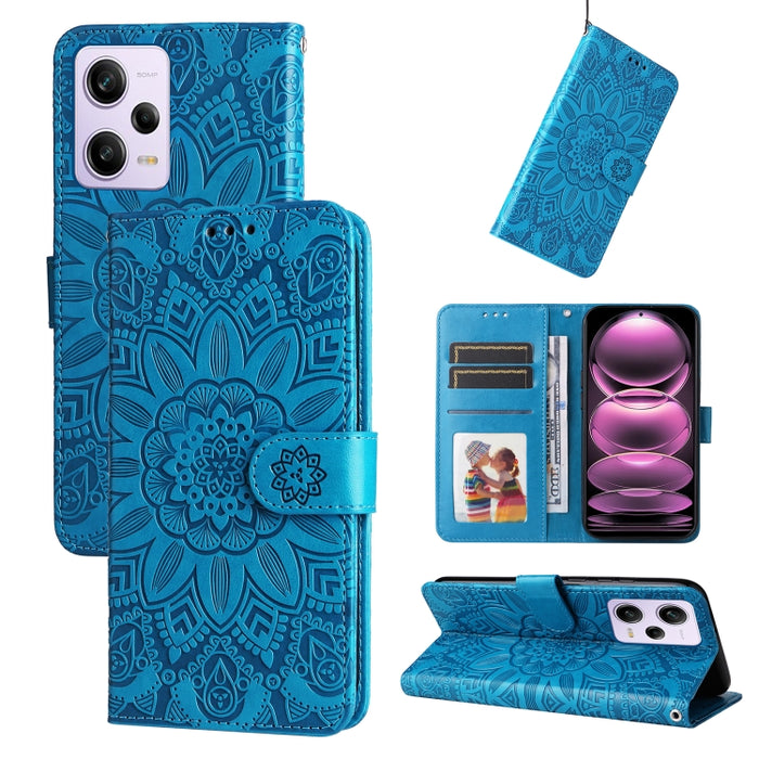 Estuche para teléfono de cuero con estampado de girasol en relieve, For Xiaomi Redmi A1+, For Xiaomi Redmi 11 Prime 4G, For Xiaomi Redmi Note 12 China, For Xiaomi Redmi Note 12 Pro 5G China, For Xiaomi Redmi Note 12 Pro+ China