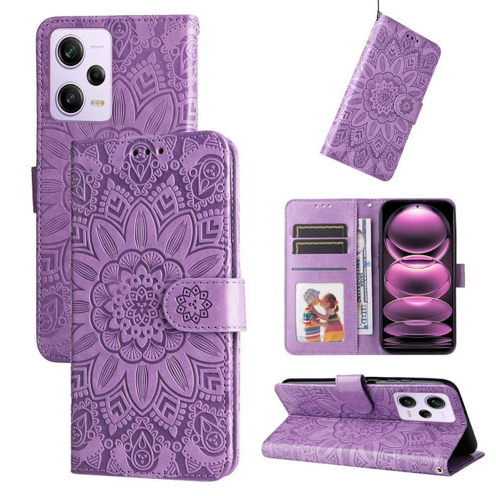 Estuche para teléfono de cuero con estampado de girasol en relieve, For Xiaomi Redmi A1+, For Xiaomi Redmi 11 Prime 4G, For Xiaomi Redmi Note 12 China, For Xiaomi Redmi Note 12 Pro 5G China, For Xiaomi Redmi Note 12 Pro+ China
