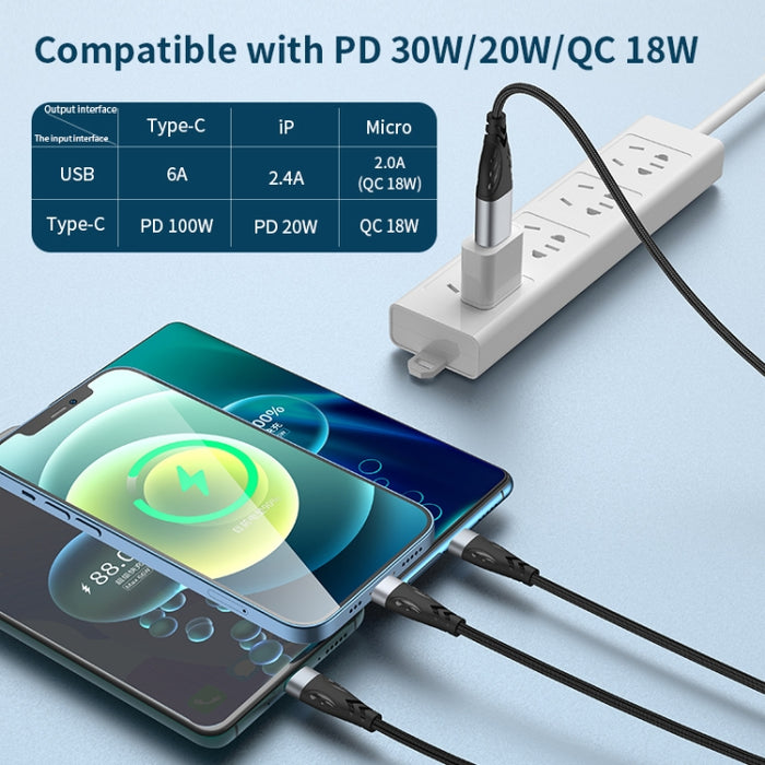 ADC-008 66 W USB a USB-C/Tipo-C + 8 pines + Micro USB 3 en 1 Cable de datos de carga rápida totalmente compatible