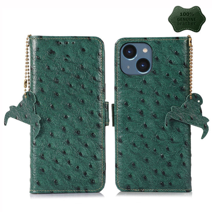 Estuche para teléfono RFID de cuero genuino con patrón de avestruz, iPhone 16e, For iPhone 15 Pro Max, For iPhone 15 Pro, For iPhone 15 Plus, For iPhone 15, For iPhone 14 Plus, For iPhone 14, For iPhone 14 Pro, For iPhone 14 Pro Max