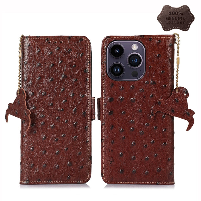 Estuche para teléfono RFID de cuero genuino con patrón de avestruz, iPhone 16e, For iPhone 15 Pro Max, For iPhone 15 Pro, For iPhone 15 Plus, For iPhone 15, For iPhone 14 Plus, For iPhone 14, For iPhone 14 Pro, For iPhone 14 Pro Max