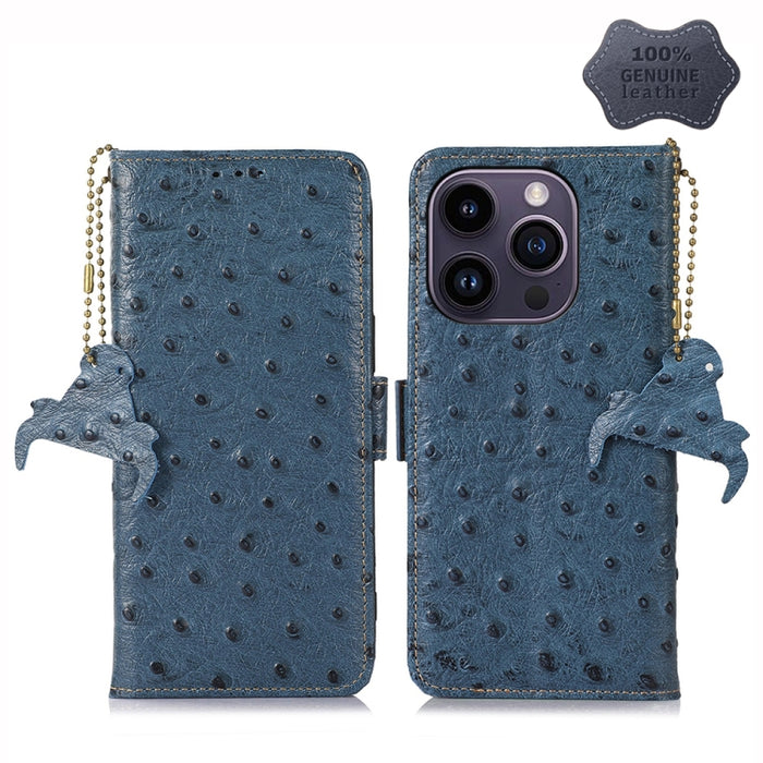 Estuche para teléfono RFID de cuero genuino con patrón de avestruz, iPhone 16e, For iPhone 15 Pro Max, For iPhone 15 Pro, For iPhone 15 Plus, For iPhone 15, For iPhone 14 Plus, For iPhone 14, For iPhone 14 Pro, For iPhone 14 Pro Max
