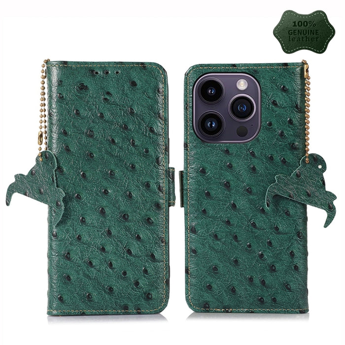 Estuche para teléfono RFID de cuero genuino con patrón de avestruz, iPhone 16e, For iPhone 15 Pro Max, For iPhone 15 Pro, For iPhone 15 Plus, For iPhone 15, For iPhone 14 Plus, For iPhone 14, For iPhone 14 Pro, For iPhone 14 Pro Max