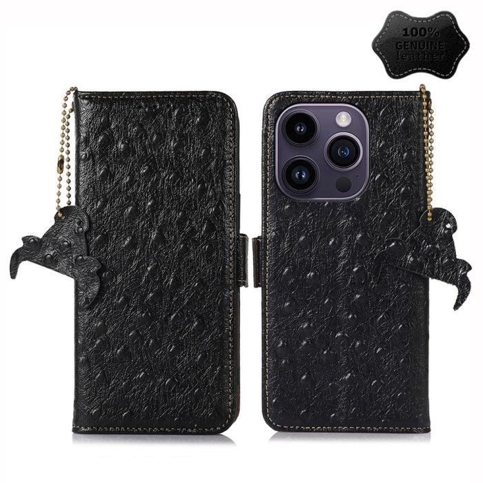 Estuche para teléfono RFID de cuero genuino con patrón de avestruz, iPhone 16e, For iPhone 15 Pro Max, For iPhone 15 Pro, For iPhone 15 Plus, For iPhone 15, For iPhone 14 Plus, For iPhone 14, For iPhone 14 Pro, For iPhone 14 Pro Max