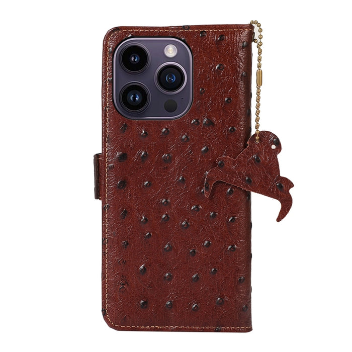 Estuche para teléfono RFID de cuero genuino con patrón de avestruz, iPhone 16e, For iPhone 15 Pro Max, For iPhone 15 Pro, For iPhone 15 Plus, For iPhone 15, For iPhone 14 Plus, For iPhone 14, For iPhone 14 Pro, For iPhone 14 Pro Max