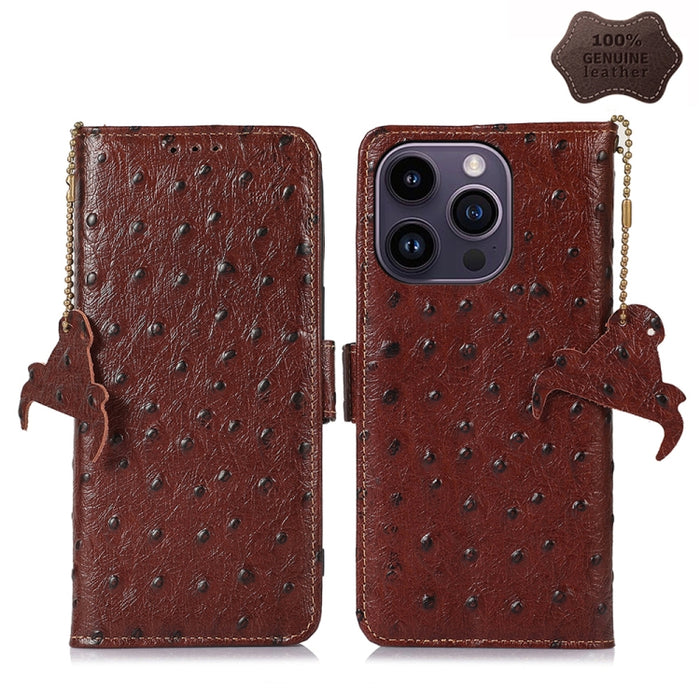 Estuche para teléfono RFID de cuero genuino con patrón de avestruz, iPhone 16e, For iPhone 15 Pro Max, For iPhone 15 Pro, For iPhone 15 Plus, For iPhone 15, For iPhone 14 Plus, For iPhone 14, For iPhone 14 Pro, For iPhone 14 Pro Max