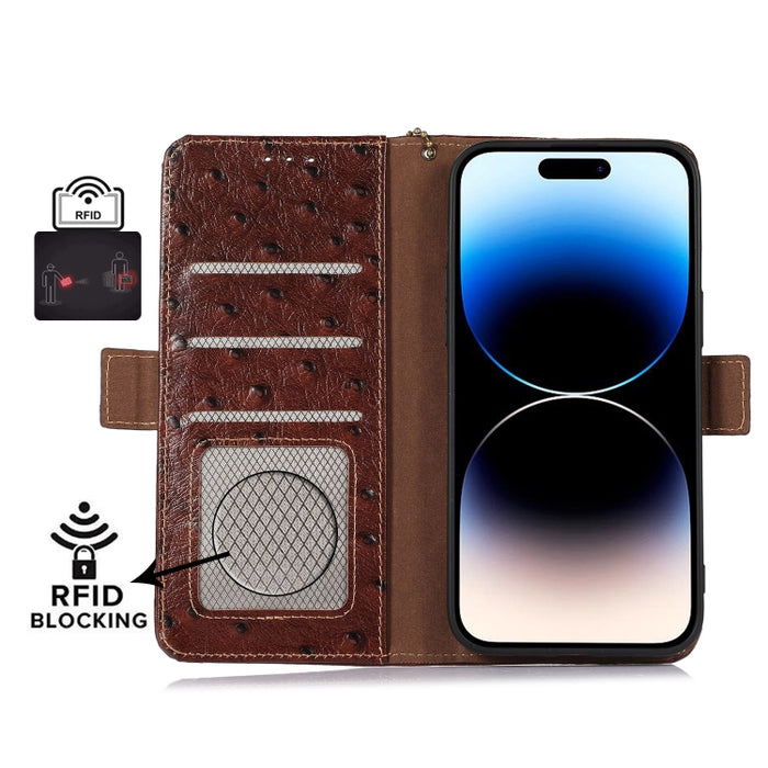 Estuche para teléfono RFID de cuero genuino con patrón de avestruz, iPhone 16e, For iPhone 15 Pro Max, For iPhone 15 Pro, For iPhone 15 Plus, For iPhone 15, For iPhone 14 Plus, For iPhone 14, For iPhone 14 Pro, For iPhone 14 Pro Max