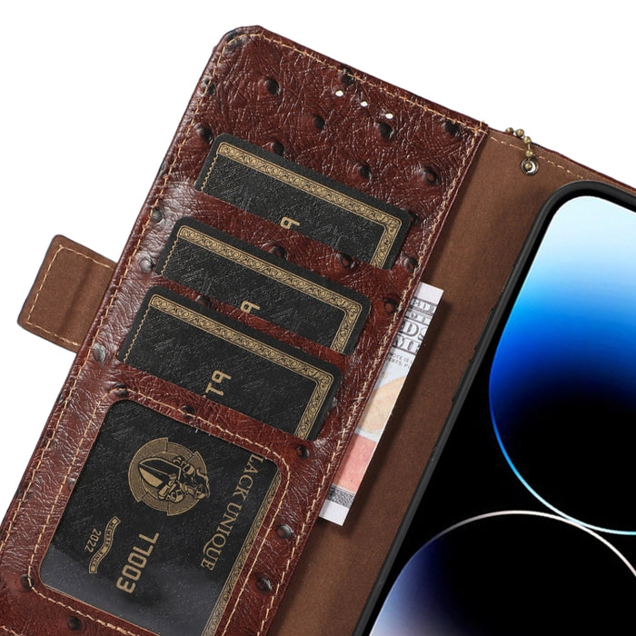 Estuche para teléfono RFID de cuero genuino con patrón de avestruz, iPhone 16e, For iPhone 15 Pro Max, For iPhone 15 Pro, For iPhone 15 Plus, For iPhone 15, For iPhone 14 Plus, For iPhone 14, For iPhone 14 Pro, For iPhone 14 Pro Max