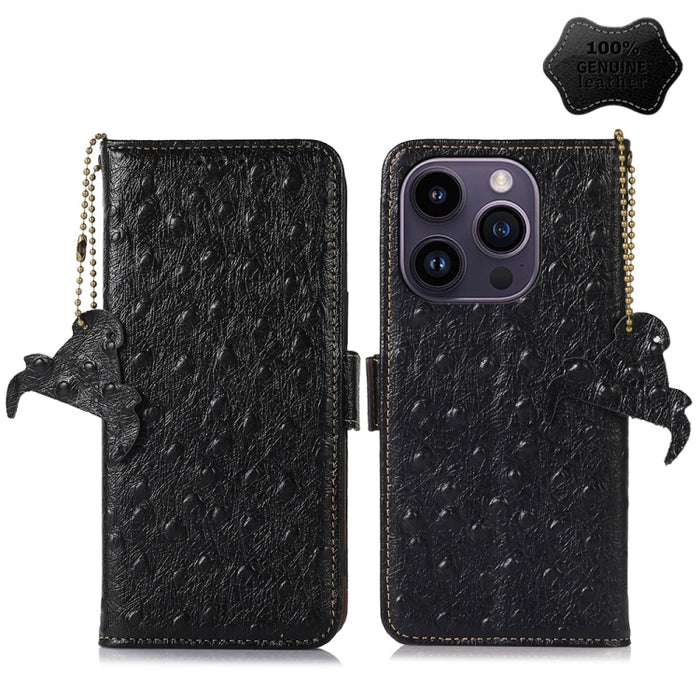 Estuche para teléfono RFID de cuero genuino con patrón de avestruz, iPhone 16e, For iPhone 15 Pro Max, For iPhone 15 Pro, For iPhone 15 Plus, For iPhone 15, For iPhone 14 Plus, For iPhone 14, For iPhone 14 Pro, For iPhone 14 Pro Max