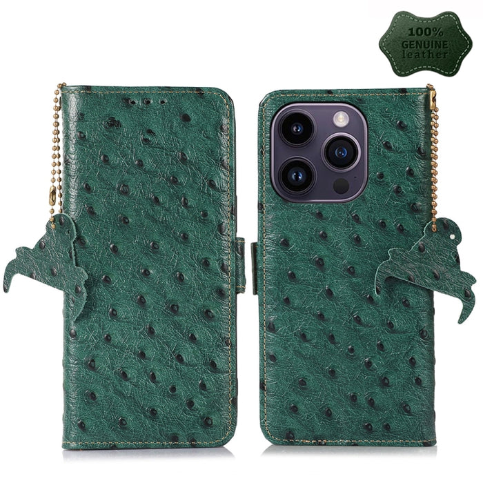 Estuche para teléfono RFID de cuero genuino con patrón de avestruz, iPhone 16e, For iPhone 15 Pro Max, For iPhone 15 Pro, For iPhone 15 Plus, For iPhone 15, For iPhone 14 Plus, For iPhone 14, For iPhone 14 Pro, For iPhone 14 Pro Max