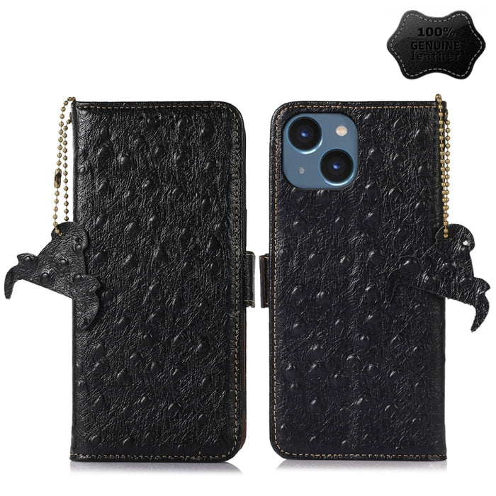 Estuche para teléfono RFID de cuero genuino con patrón de avestruz, iPhone 16e, For iPhone 15 Pro Max, For iPhone 15 Pro, For iPhone 15 Plus, For iPhone 15, For iPhone 14 Plus, For iPhone 14, For iPhone 14 Pro, For iPhone 14 Pro Max