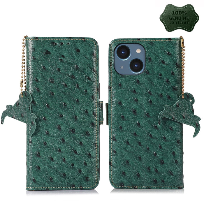 Estuche para teléfono RFID de cuero genuino con patrón de avestruz, iPhone 16e, For iPhone 15 Pro Max, For iPhone 15 Pro, For iPhone 15 Plus, For iPhone 15, For iPhone 14 Plus, For iPhone 14, For iPhone 14 Pro, For iPhone 14 Pro Max