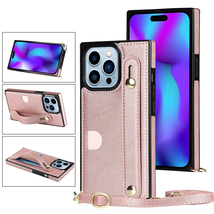 Caja del teléfono del titular de la tarjeta de la correa de muñeca cruzada, For iPhone 14, For iPhone 14 Plus, For iPhone 14 Pro, For iPhone 14 Pro Max