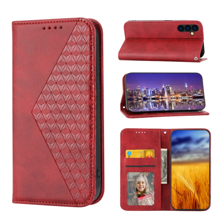 Estuche para teléfono de cuero magnético con textura de becerro y rejilla cúbica, For Samsung Galaxy A54 5G, For Samsung Galaxy A04e, For Xiaomi 13, For Xiaomi 13 Pro, For Xiaomi Poco C40, For Realme 10 4G