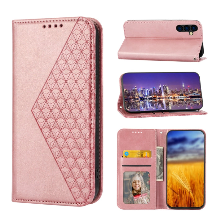Estuche para teléfono de cuero magnético con textura de becerro y rejilla cúbica, For Samsung Galaxy A54 5G, For Samsung Galaxy A04e, For Xiaomi 13, For Xiaomi 13 Pro, For Xiaomi Poco C40, For Realme 10 4G