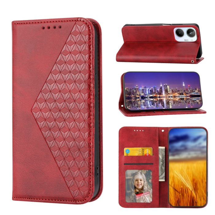 Estuche para teléfono de cuero magnético con textura de becerro y rejilla cúbica, For Samsung Galaxy A54 5G, For Samsung Galaxy A04e, For Xiaomi 13, For Xiaomi 13 Pro, For Xiaomi Poco C40, For Realme 10 4G