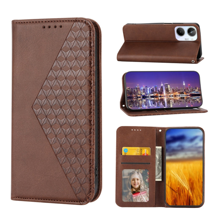 Estuche para teléfono de cuero magnético con textura de becerro y rejilla cúbica, For Samsung Galaxy A54 5G, For Samsung Galaxy A04e, For Xiaomi 13, For Xiaomi 13 Pro, For Xiaomi Poco C40, For Realme 10 4G