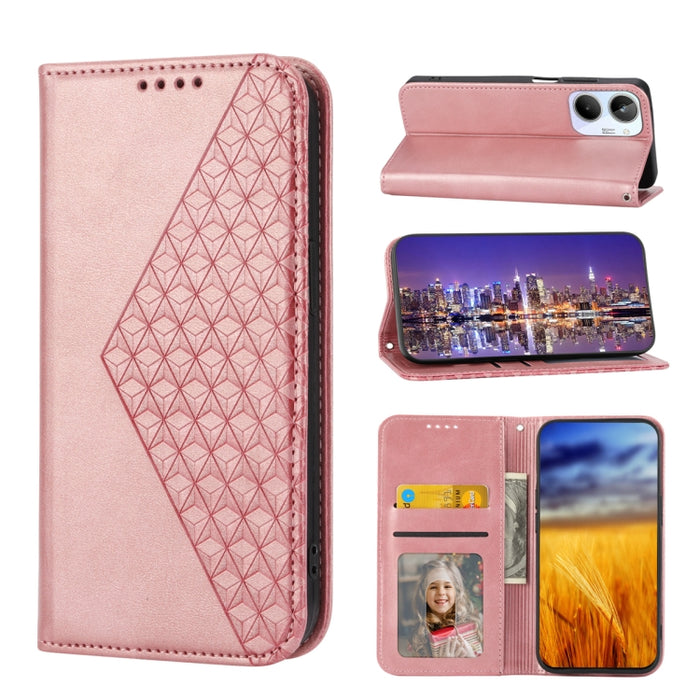 Estuche para teléfono de cuero magnético con textura de becerro y rejilla cúbica, For Samsung Galaxy A54 5G, For Samsung Galaxy A04e, For Xiaomi 13, For Xiaomi 13 Pro, For Xiaomi Poco C40, For Realme 10 4G