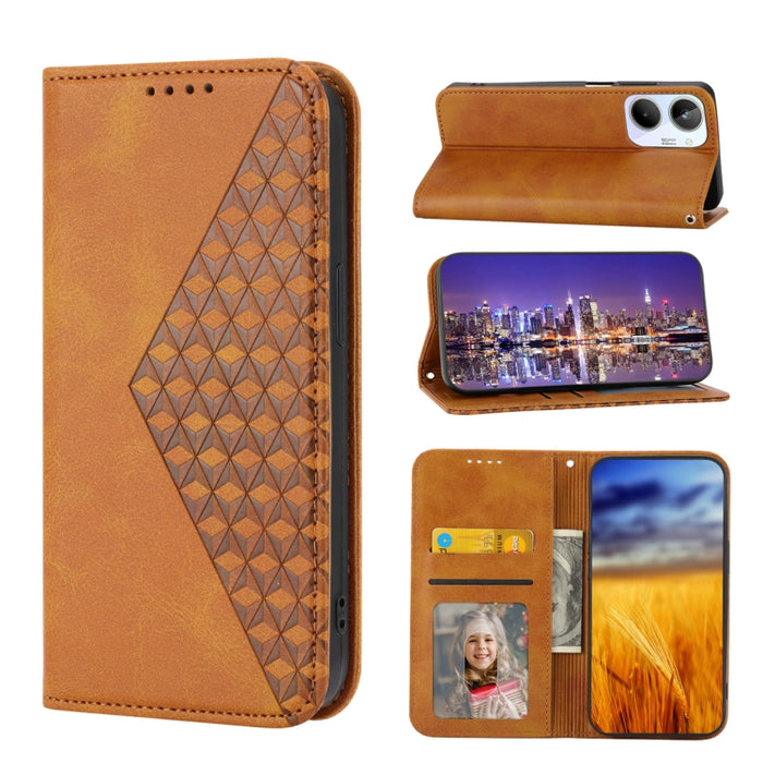 Estuche para teléfono de cuero magnético con textura de becerro y rejilla cúbica, For Samsung Galaxy A54 5G, For Samsung Galaxy A04e, For Xiaomi 13, For Xiaomi 13 Pro, For Xiaomi Poco C40, For Realme 10 4G