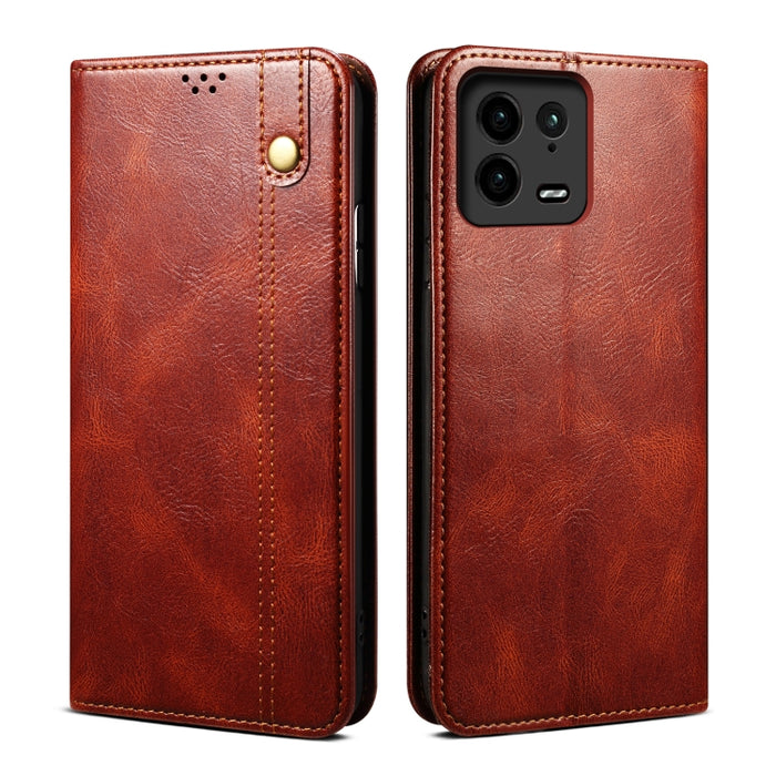 Caja de teléfono de cuero con textura de caballo loco de cera de aceite, For Xiaomi 13 Pro, For Samsung Galaxy S23 5G, For Samsung Galaxy S23+ 5G