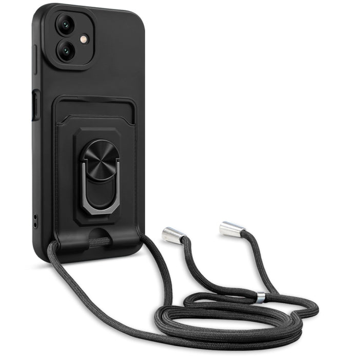 Ring Kickstand Card Wallet TPU Funda para teléfono con cordón, For Samsung Galaxy A04 / M13 5G, For Xiaomi Redmi A1+