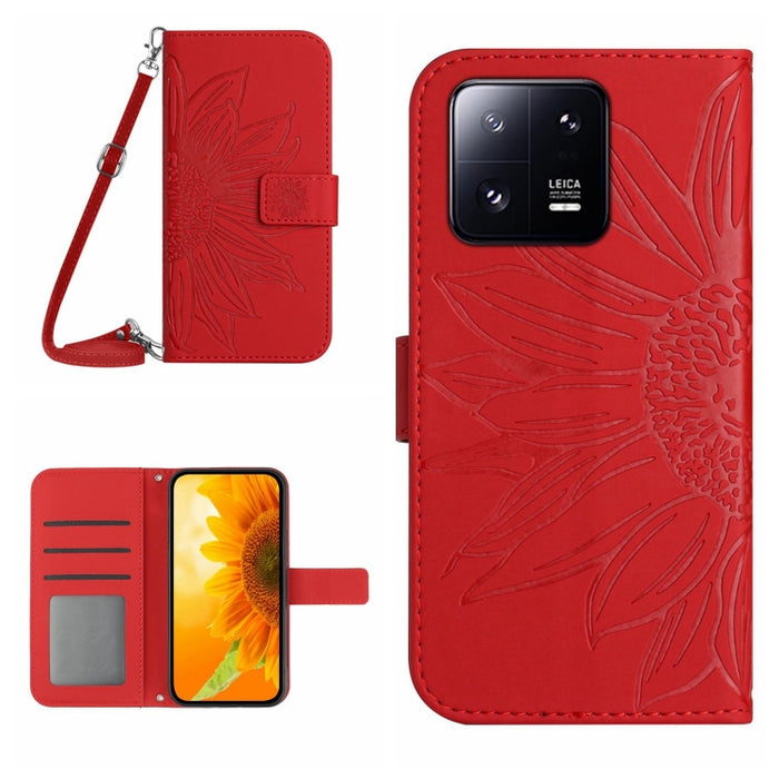 HT04 Skin Feel Sun Flower Estuche de cuero con tapa en relieve para teléfono con cordón, For Xiaomi 13 Pro
