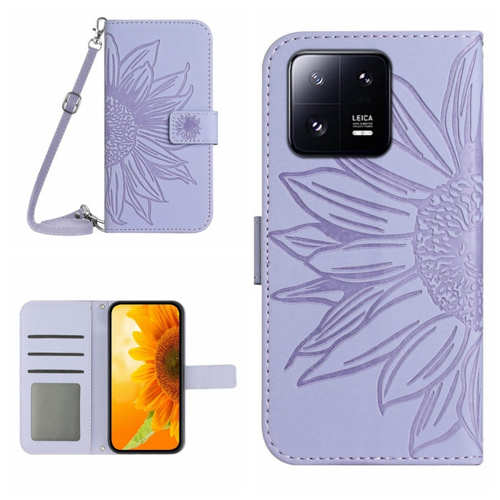 HT04 Skin Feel Sun Flower Estuche de cuero con tapa en relieve para teléfono con cordón, For Xiaomi 13 Pro