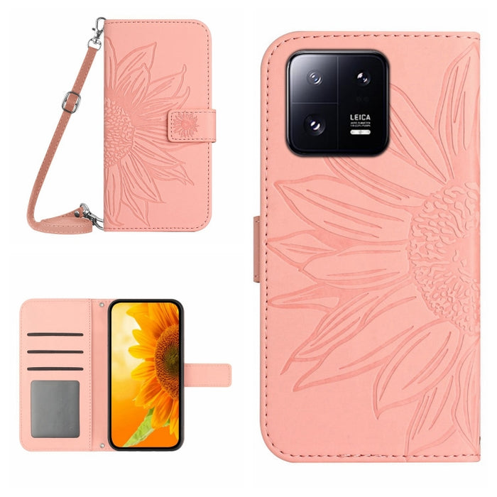 HT04 Skin Feel Sun Flower Estuche de cuero con tapa en relieve para teléfono con cordón, For Xiaomi 13 Pro