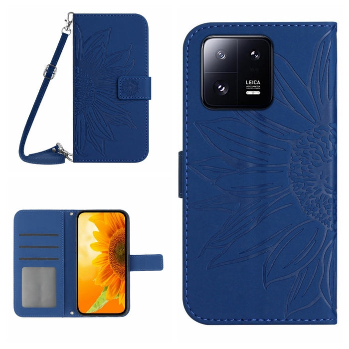 HT04 Skin Feel Sun Flower Estuche de cuero con tapa en relieve para teléfono con cordón, For Xiaomi 13 Pro