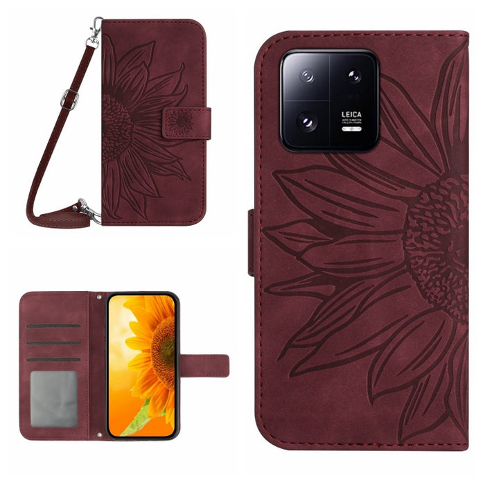 HT04 Skin Feel Sun Flower Estuche de cuero con tapa en relieve para teléfono con cordón, For Xiaomi 13 Pro