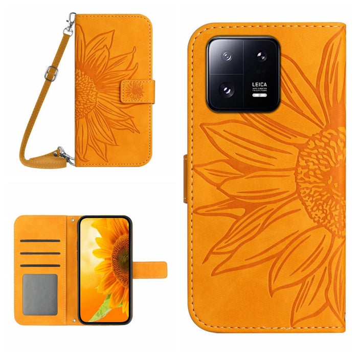 HT04 Skin Feel Sun Flower Estuche de cuero con tapa en relieve para teléfono con cordón, For Xiaomi 13 Pro