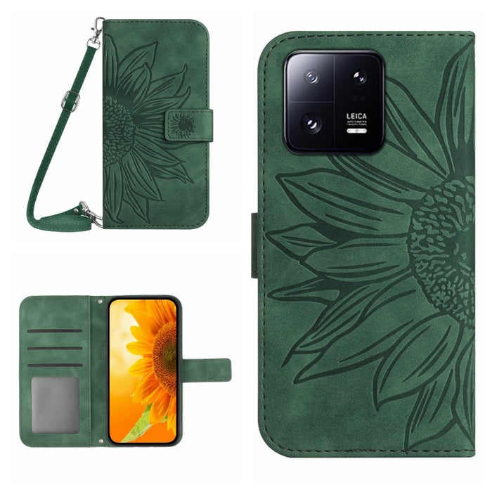 HT04 Skin Feel Sun Flower Estuche de cuero con tapa en relieve para teléfono con cordón, For Xiaomi 13 Pro