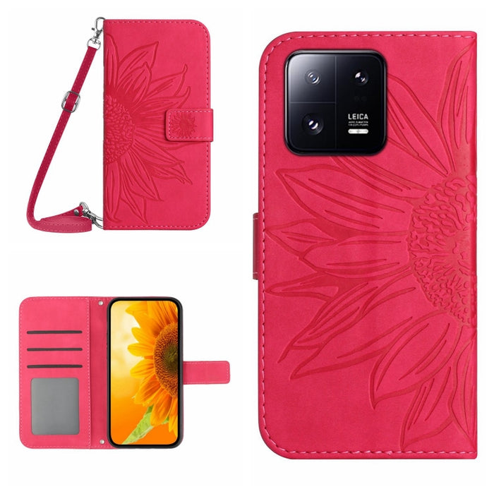HT04 Skin Feel Sun Flower Estuche de cuero con tapa en relieve para teléfono con cordón, For Xiaomi 13 Pro
