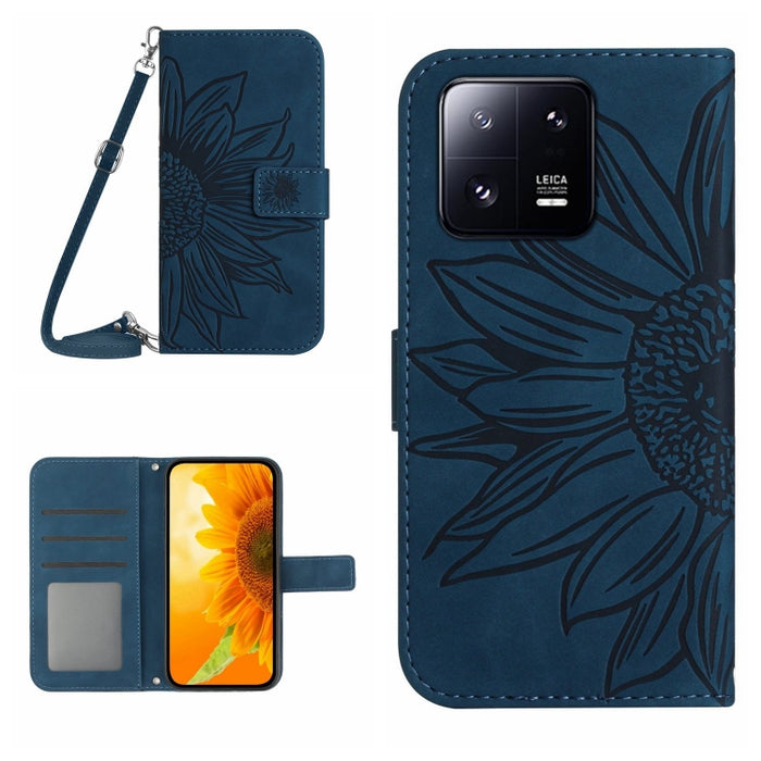 HT04 Skin Feel Sun Flower Estuche de cuero con tapa en relieve para teléfono con cordón, For Xiaomi 13 Pro