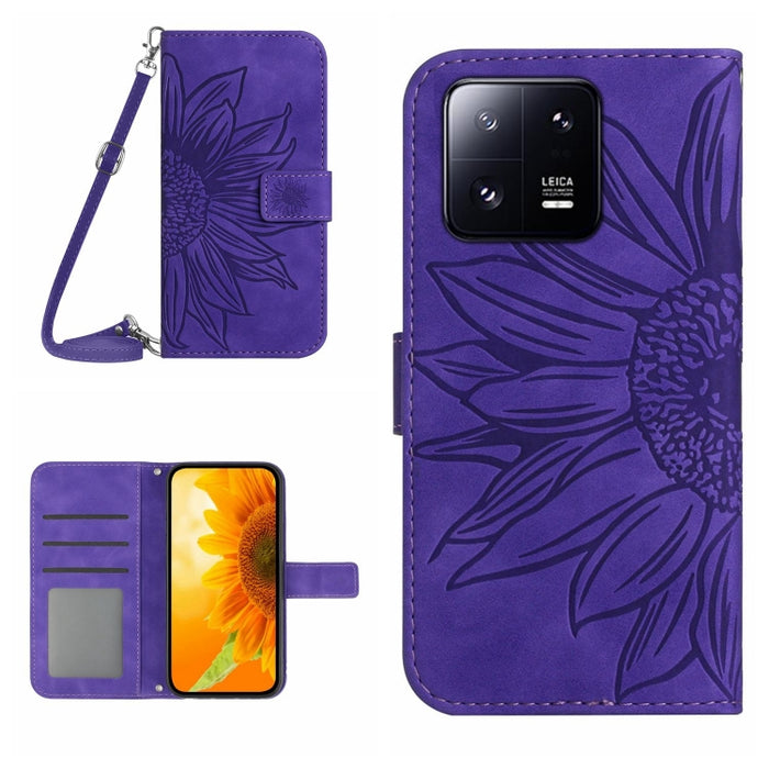 HT04 Skin Feel Sun Flower Estuche de cuero con tapa en relieve para teléfono con cordón, For Xiaomi 13 Pro