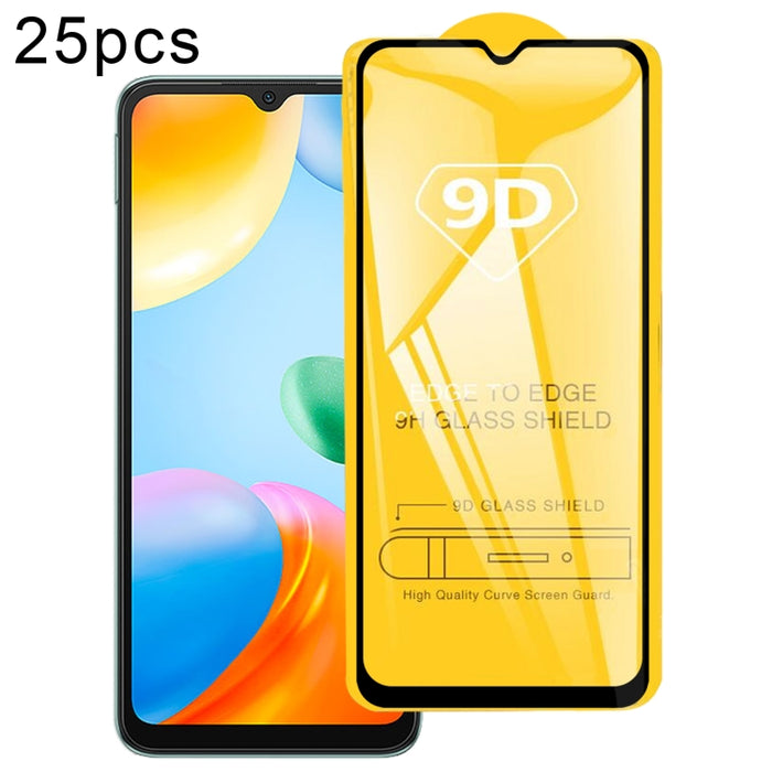 Película de vidrio templado de pantalla completa con pegamento completo 9D de 25 piezas, For Xiaomi Redmi 10C (25 PCS)