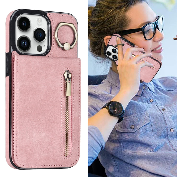 Estuche para teléfono con ranura para tarjeta RFID con anillo retro y cremallera, For iPhone 14, For iPhone 14 Plus, For iPhone 14 Pro, For iPhone 14 Pro Max