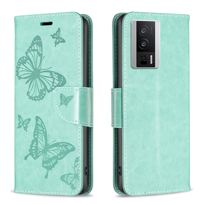 Estuche para teléfono de cuero con estampado de dos mariposas en relieve, For vivo Y02 4G, For Xiaomi Redmi 12C, For Xiaomi Redmi K60 / K60 Pro, For Xiaomi Redmi Note 12 Pro+ Global, For Xiaomi Redmi Note 12 Pro 5G Global, For Xiaomi Redmi Note 12 Global