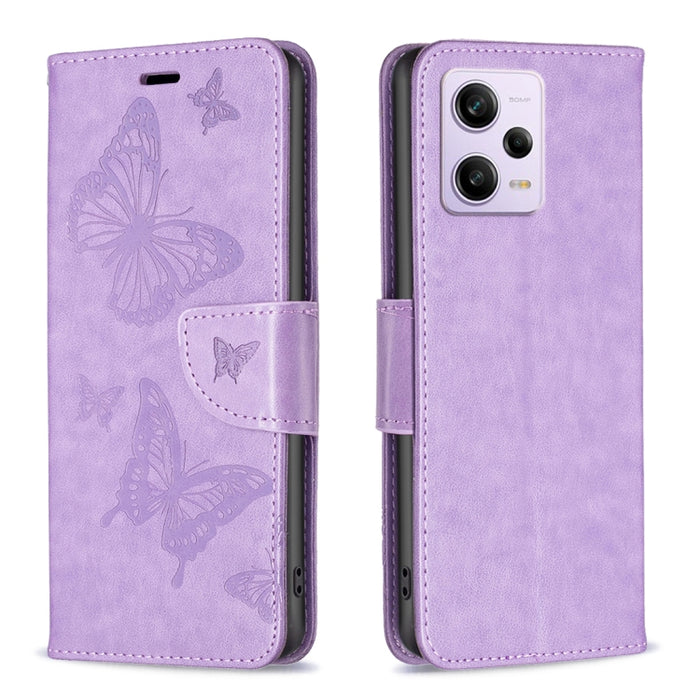 Estuche para teléfono de cuero con estampado de dos mariposas en relieve, For vivo Y02 4G, For Xiaomi Redmi 12C, For Xiaomi Redmi K60 / K60 Pro, For Xiaomi Redmi Note 12 Pro+ Global, For Xiaomi Redmi Note 12 Pro 5G Global, For Xiaomi Redmi Note 12 Global