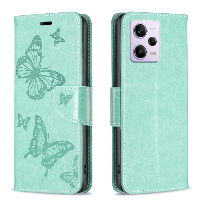 Estuche para teléfono de cuero con estampado de dos mariposas en relieve, For vivo Y02 4G, For Xiaomi Redmi 12C, For Xiaomi Redmi K60 / K60 Pro, For Xiaomi Redmi Note 12 Pro+ Global, For Xiaomi Redmi Note 12 Pro 5G Global, For Xiaomi Redmi Note 12 Global